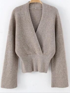 Kiko Ribbed V-Neck Wrap Sweater in Taupe Beige
